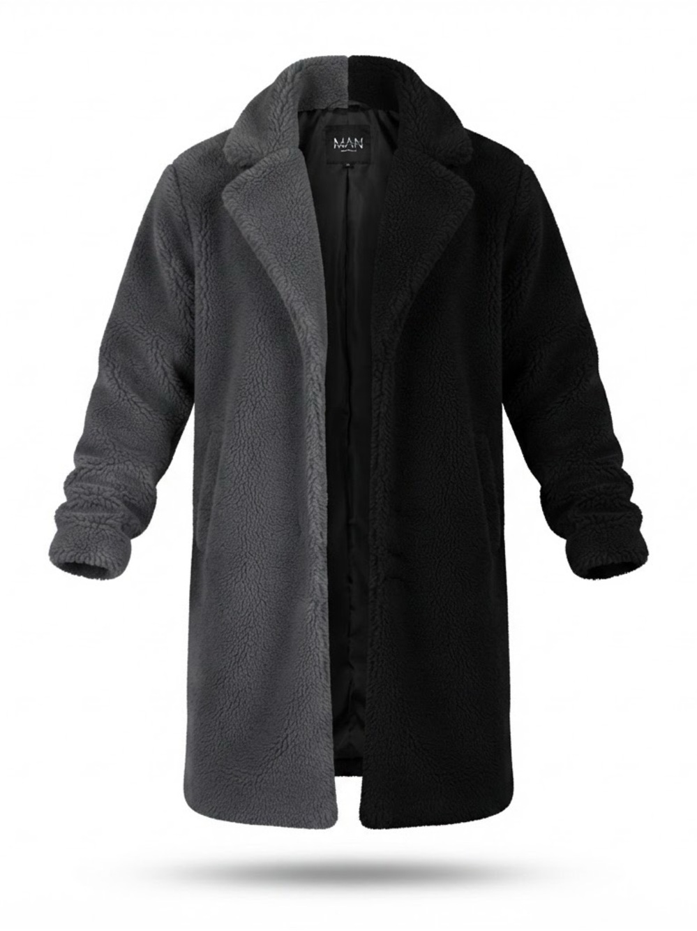 Boohoo Two-Tone Black & Charcoal Sherpa Pea Coat